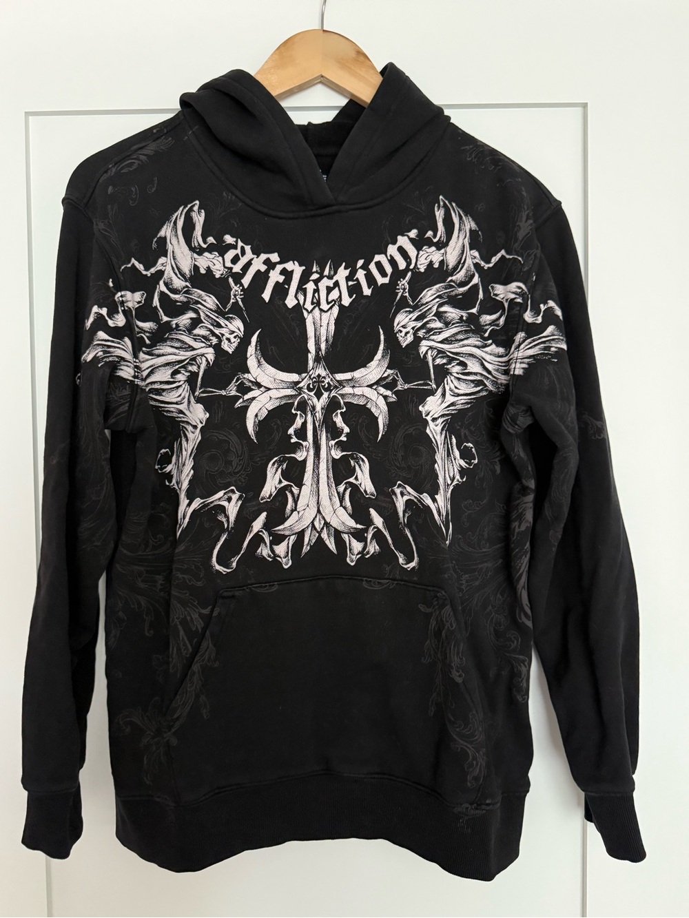 Affliction Black Hoodie with White Gothic Cross Graphic